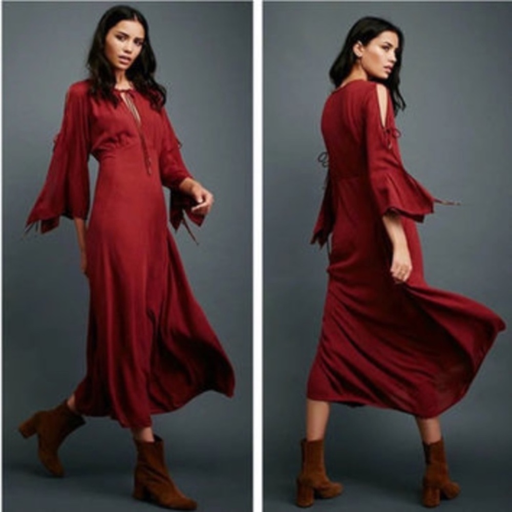 Free People Boho Retro Maroon Burgundy Maxi Dress